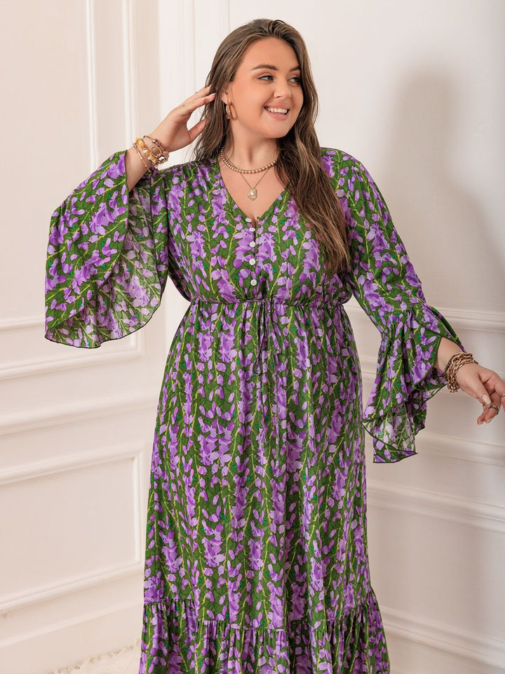 Plus Size Printed V-Neck Long Sleeve Maxi Dress | Trendsi