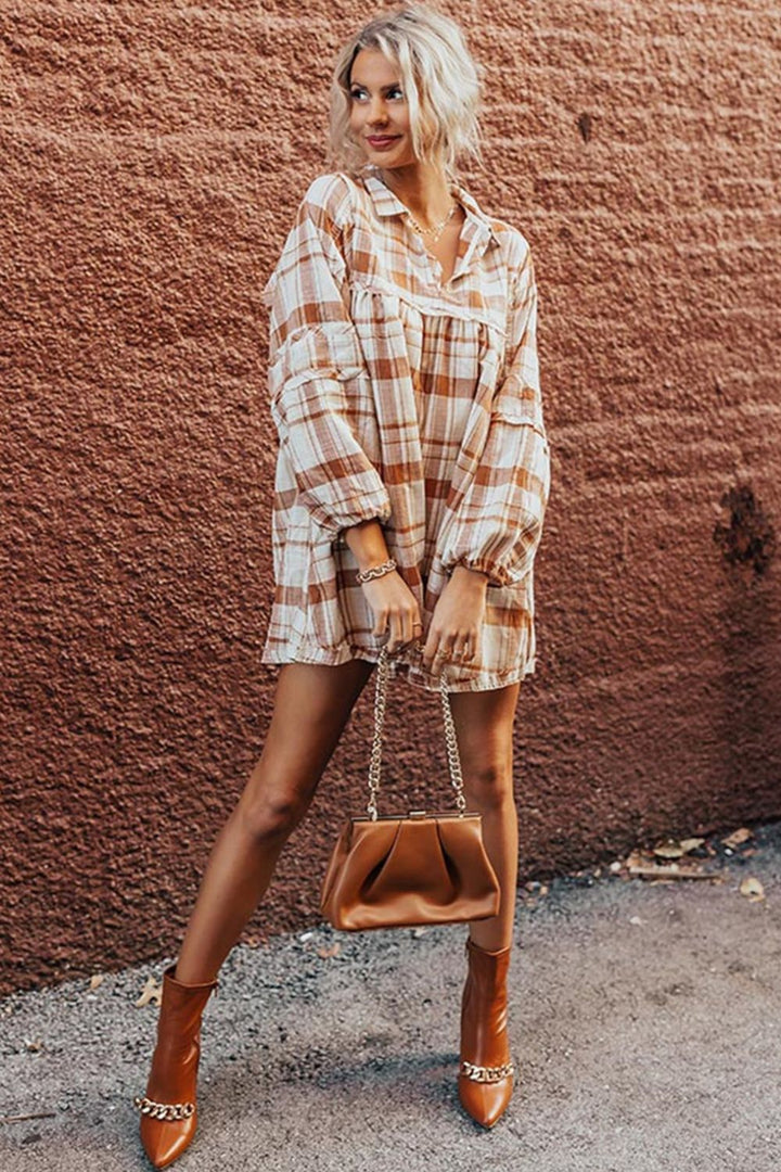 Plaid Collared Neck Long Sleeve Mini Shirt Dress | Trendsi