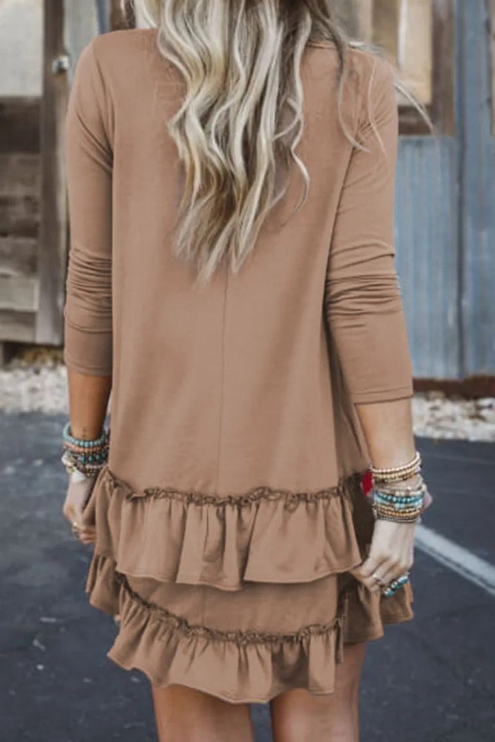 Ruffled Scoop Neck Three-Quarter Sleeve Mini Dress | Trendsi