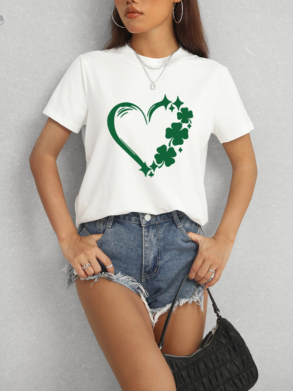 Heart Lucky Clover Round Neck Short Sleeve T-Shirt | Trendsi