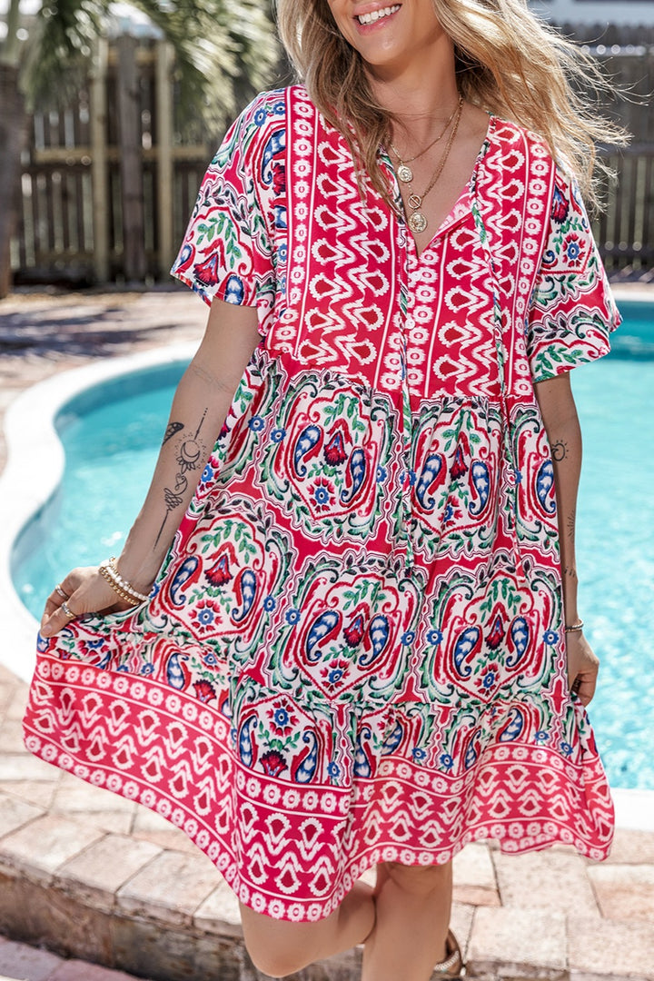 Printed Tie Neck Short Sleeve Dress | Trendsi