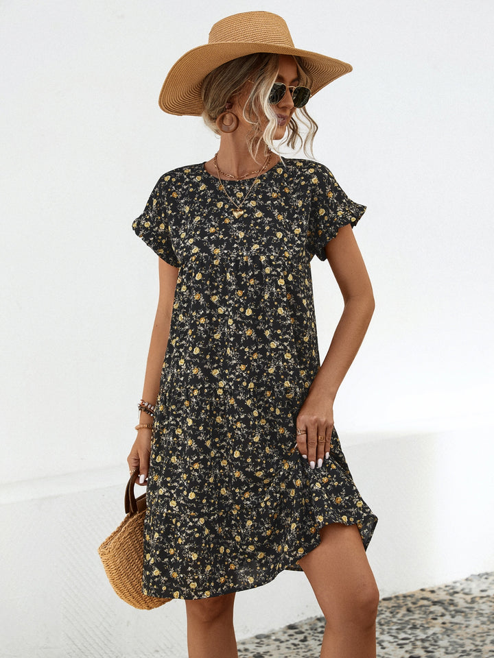 Frill Floral Round Neck Short Sleeve Tiered Dress | Trendsi