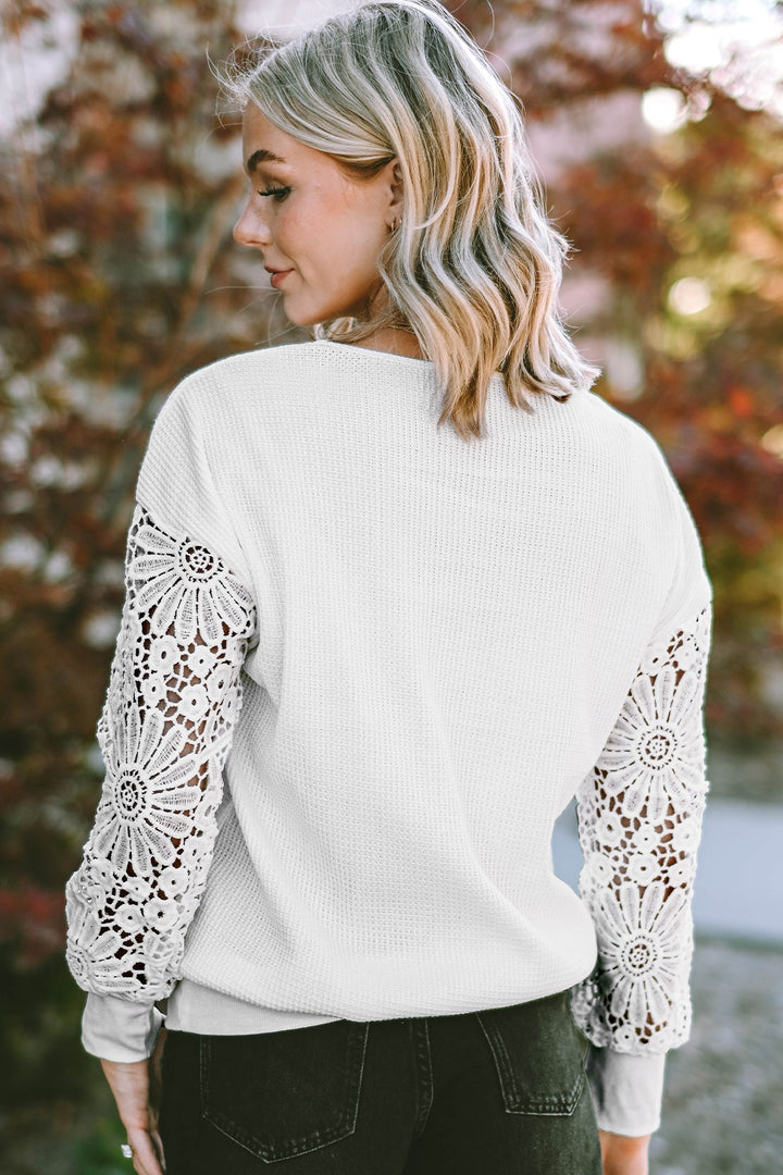 V-Neck Crochet Long Sleeve Blouse | Trendsi