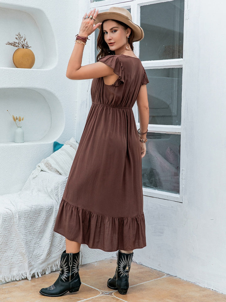 Plus Size Ruffled V-Neck Cap Sleeve Midi Dress | Trendsi