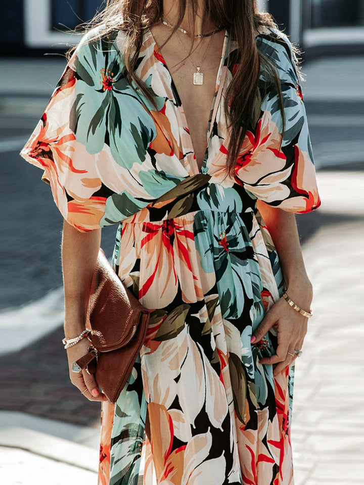 Floral Plunge Half Sleeve Dress | Trendsi