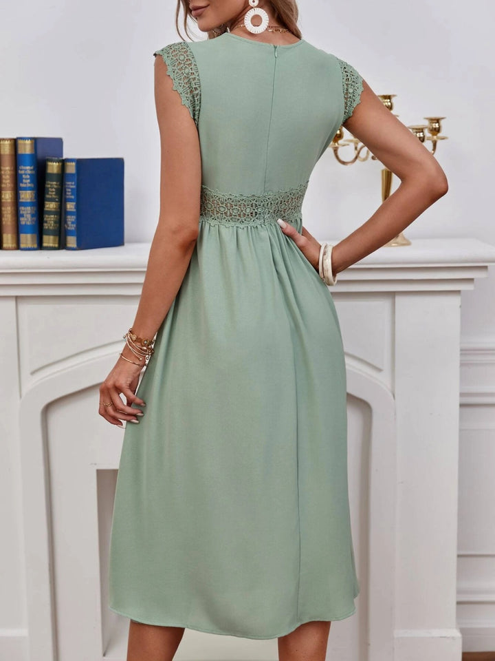 Lace Detail V-Neck Cap Sleeve Dress | Trendsi