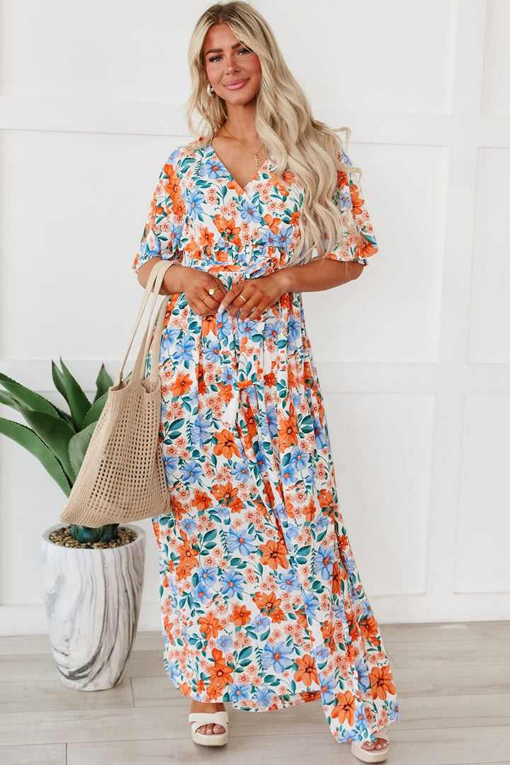 Tied Slit Printed Half Sleeve Maxi Dress | Trendsi