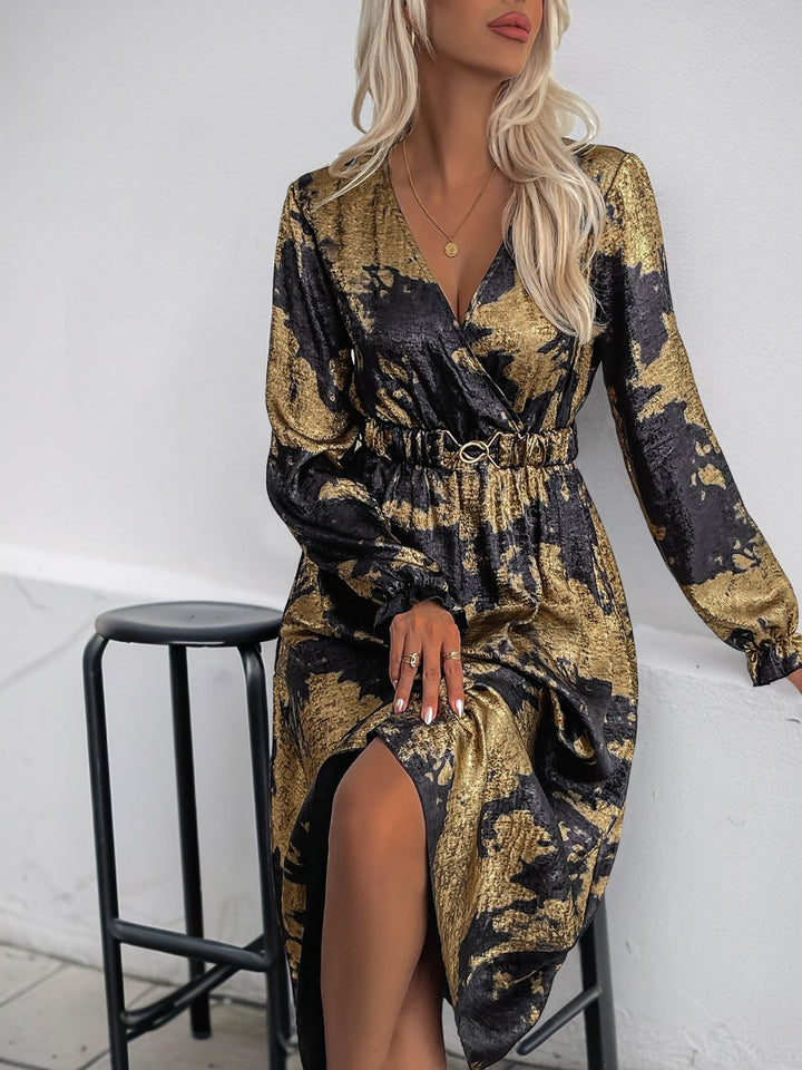 Perfee Printed Surplice Long Sleeve Midi Dress | Trendsi