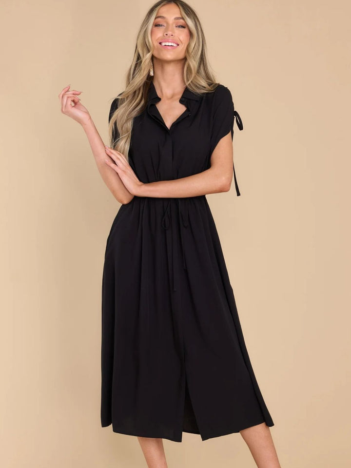 Drawstring Collared Neck Short Sleeve Midi Dress | Trendsi