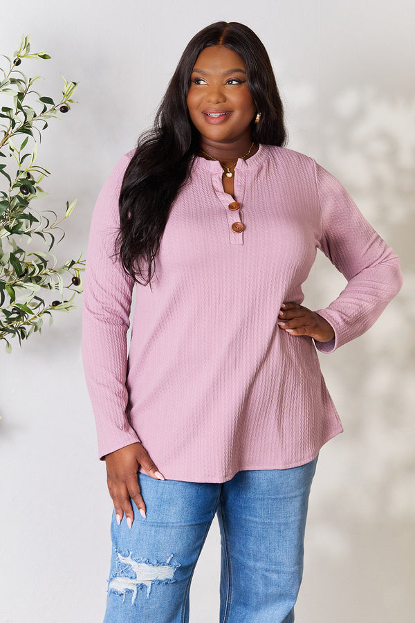 Celeste Full Size Texture Half Button Long Sleeve Blouse | Trendsi