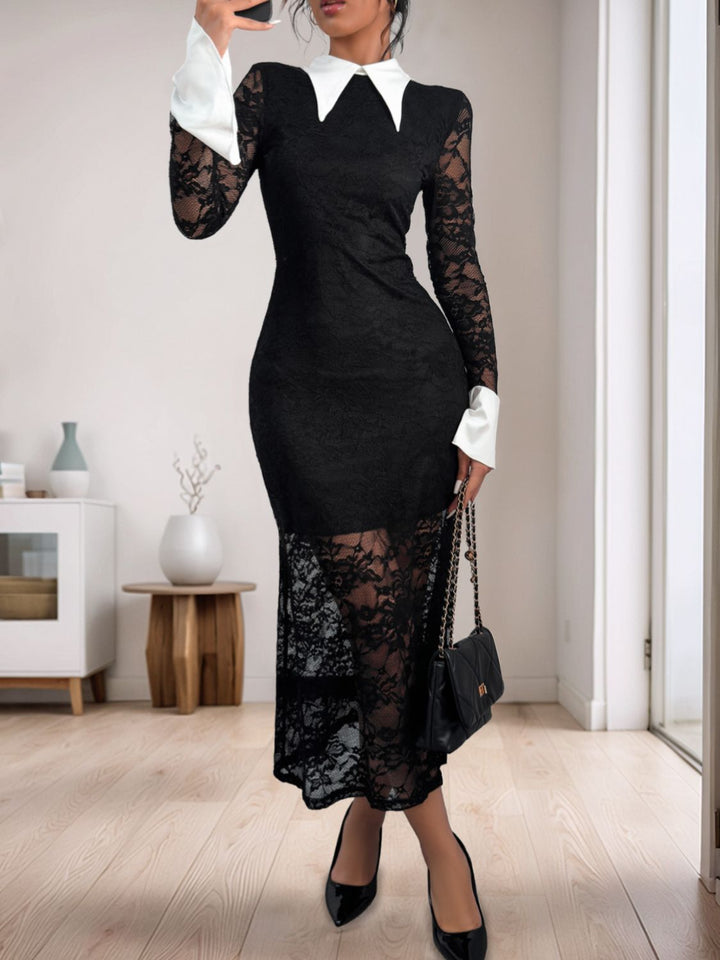 Perfee Lace Contrast Collared Neck Long Sleeve Midi Dress | Trendsi