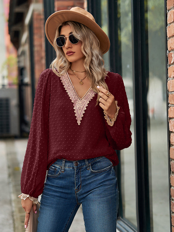 Swiss Dot V-Neck Long Sleeve Blouse | Trendsi