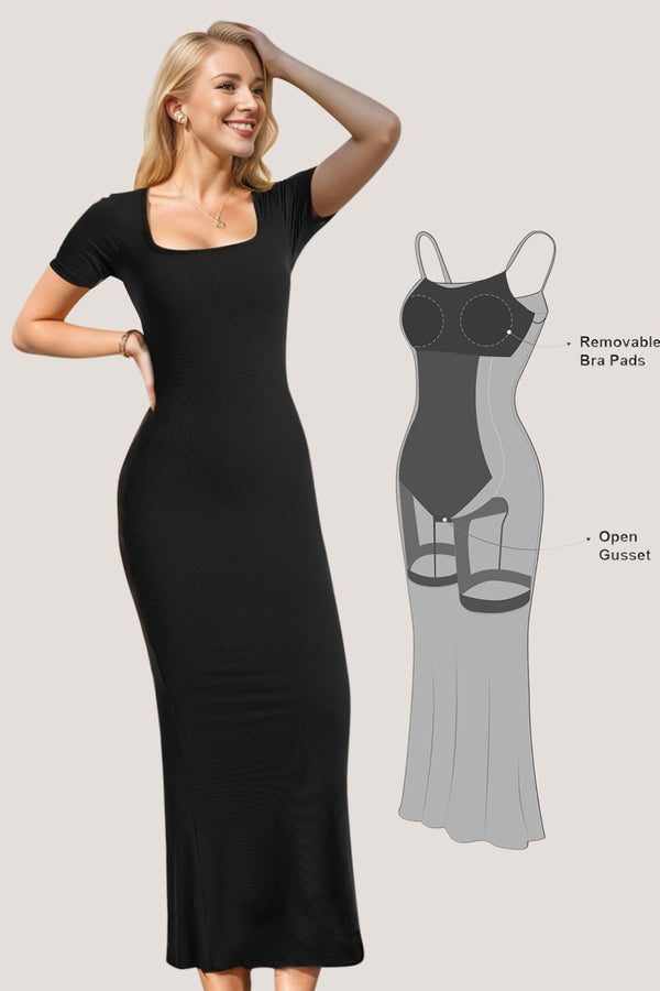 Basic Bae Built-In Shapewear Square Neck Short Sleeve Maxi Dress | Trendsi