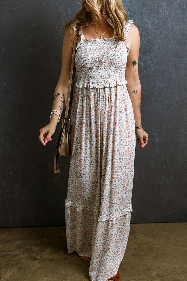 Ruffled Smocked Printed Sleeveless Maxi Dress | Trendsi