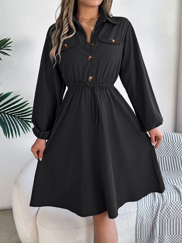 Collared Neck Long Sleeve Dress with Pockets | Trendsi