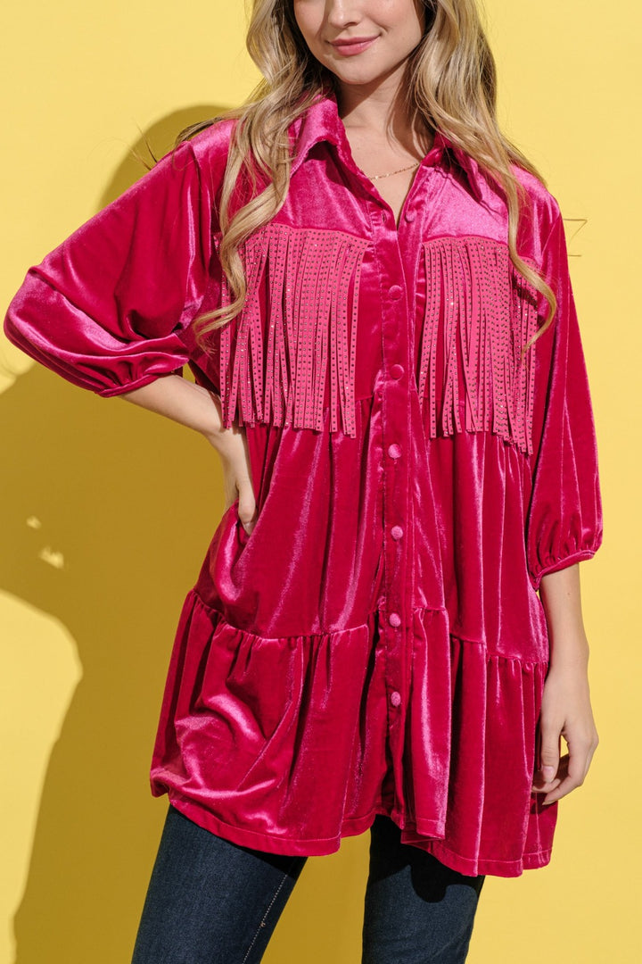 And The Why Fringe Detailed Velvet Shirt Dress | Trendsi