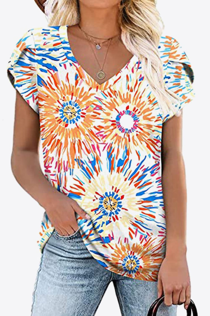 Printed Petal Sleeve V-Neck Blouse | Trendsi