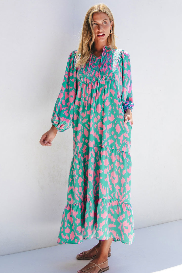 Smocked Printed Tie Neck Long Sleeve Dress | Trendsi