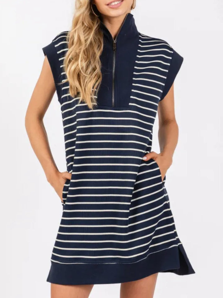 Full Size Pocketed Striped Quarter Zip Cap Sleeve Dress | Trendsi