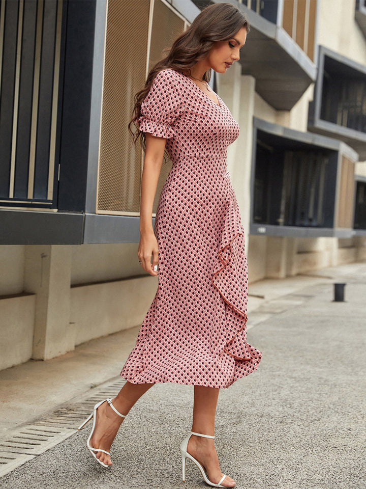 Printed V-Neck Flounce Sleeve Midi Dress | Trendsi