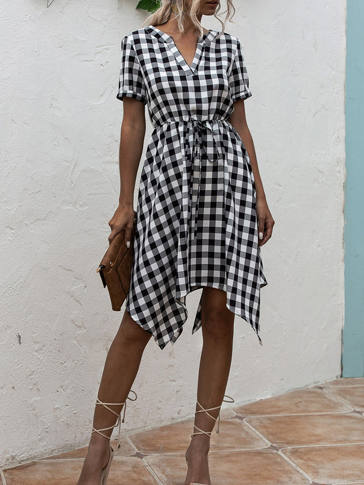 Plaid Notched Short Sleeve Dress | Trendsi