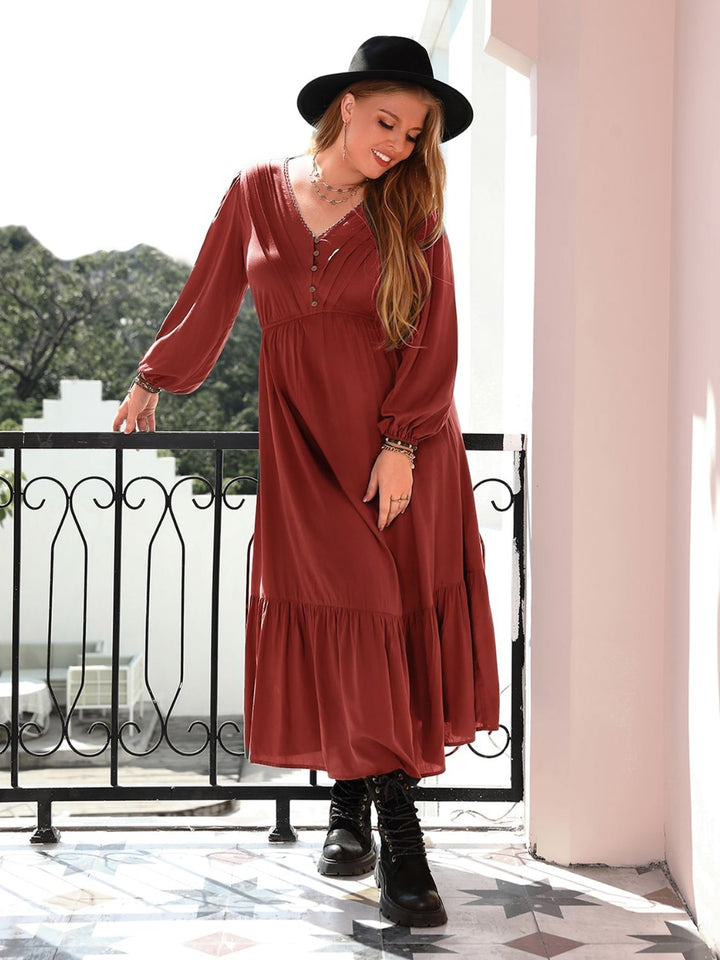 Plus Size Quarter Button V-Neck Long Sleeve Dress | Trendsi