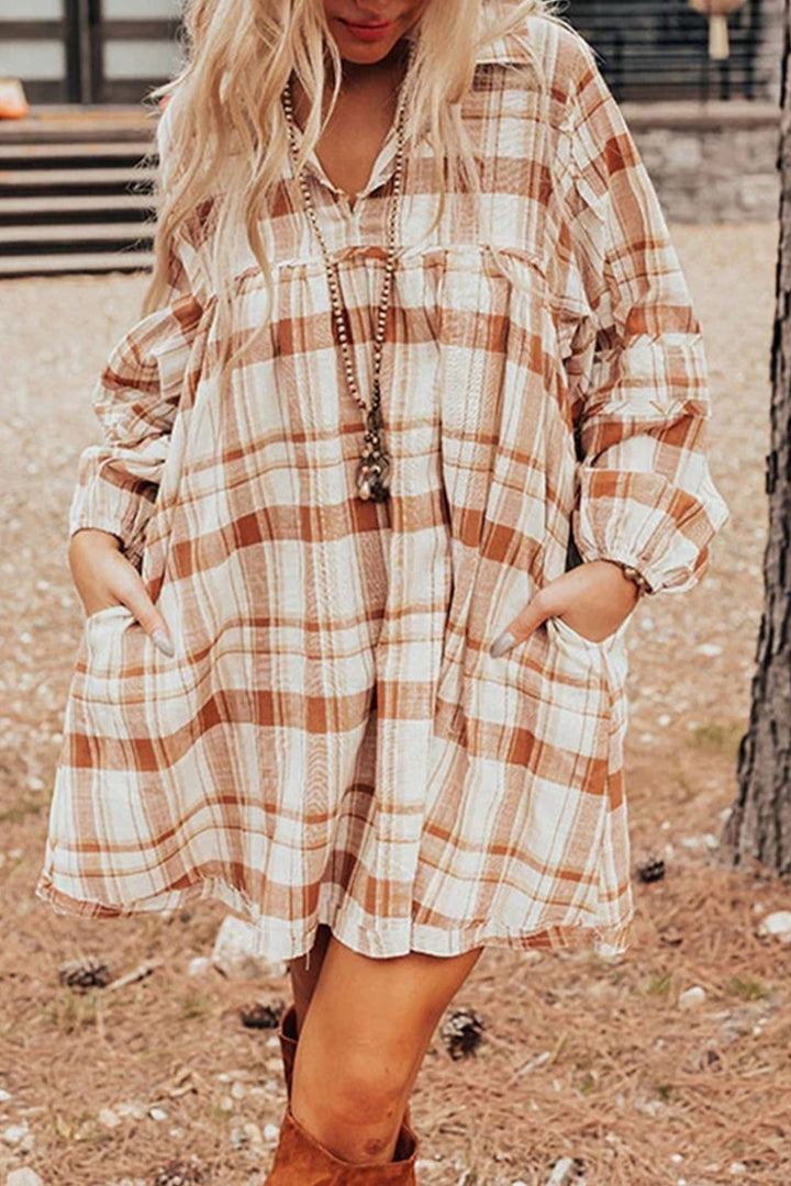 Plaid Collared Neck Long Sleeve Mini Shirt Dress | Trendsi