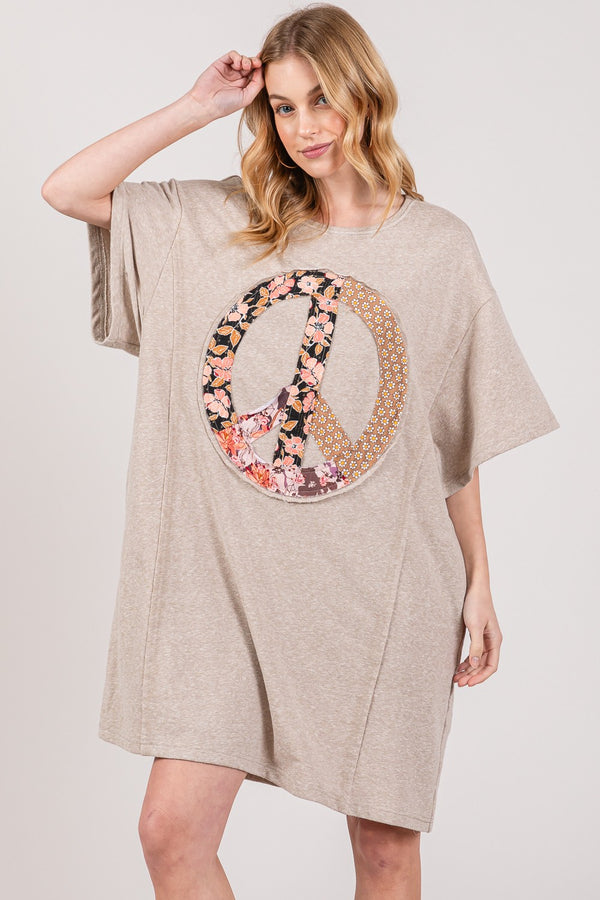 SAGE + FIG Full Size Peace Sign Applique Short Sleeve Tee Dress | Trendsi