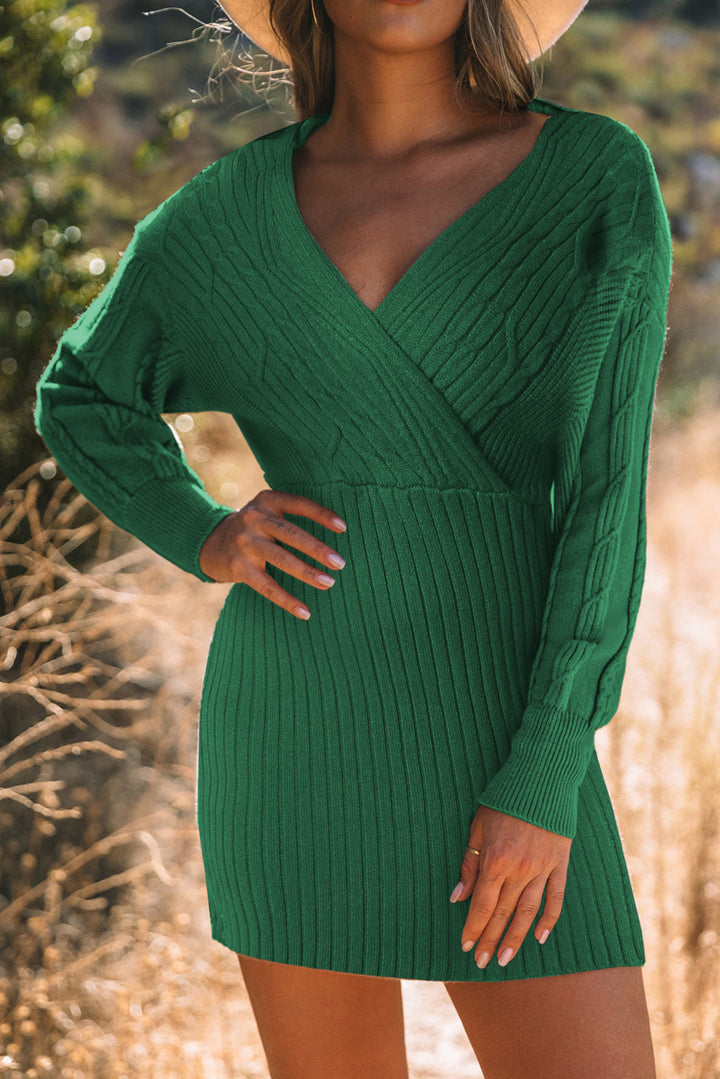 Cable-Knit Surplice Lantern Sleeve Sweater Dress | Trendsi