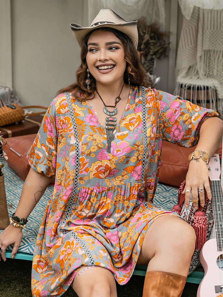 Plus Size Ruched Printed Half Sleeve Mini Dress | Trendsi