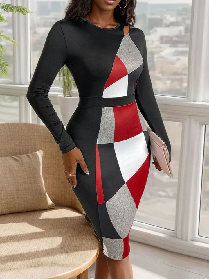 Cutout Color Block Round Neck Long Sleeve Dress | Trendsi