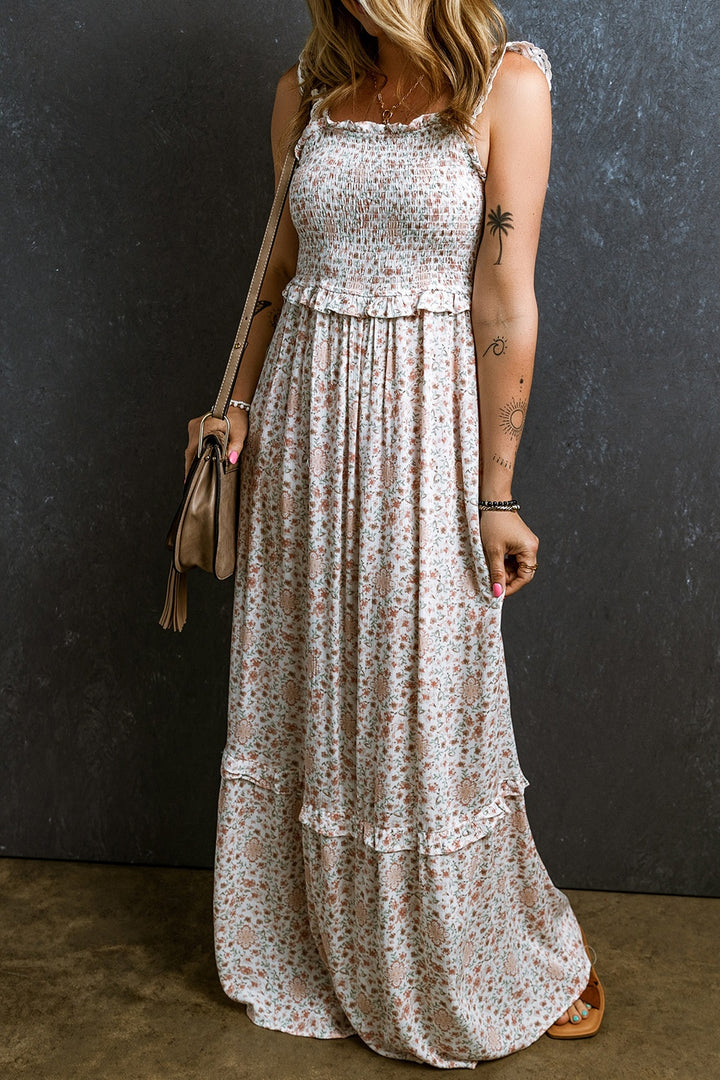 Ruffled Smocked Printed Sleeveless Maxi Dress | Trendsi