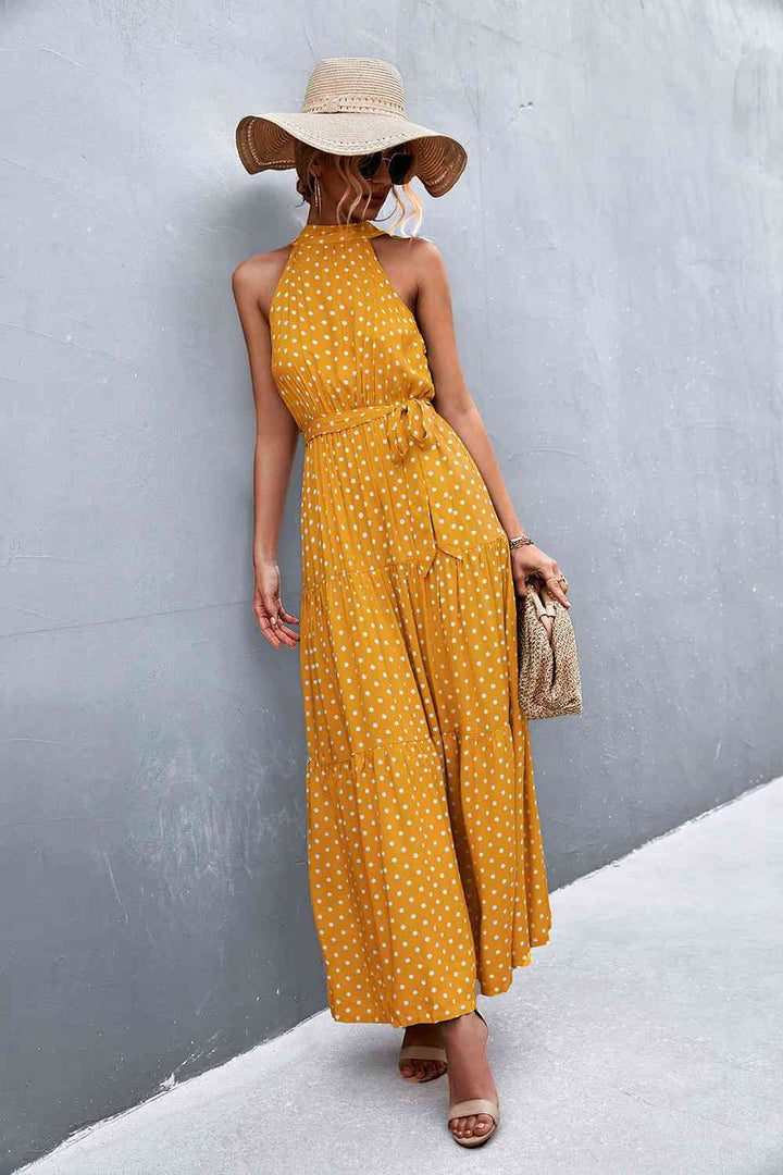 Printed Sleeveless Tie Waist Maxi Dress |1mrk.com