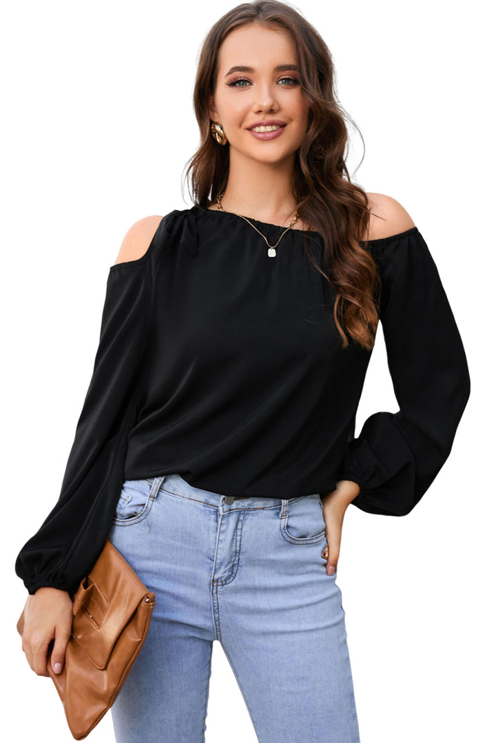 Double Take Tied Asymmetrical Neck Cold-Shoulder Blouse | Trendsi