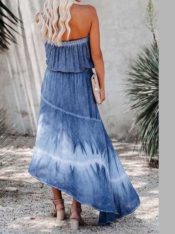 Smocked High-Low Tube Denim Dress | Trendsi