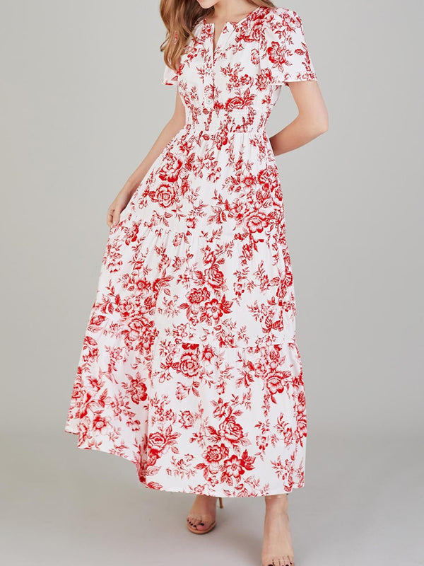 Tiered Floral Notched Short Sleeve Dress | Trendsi