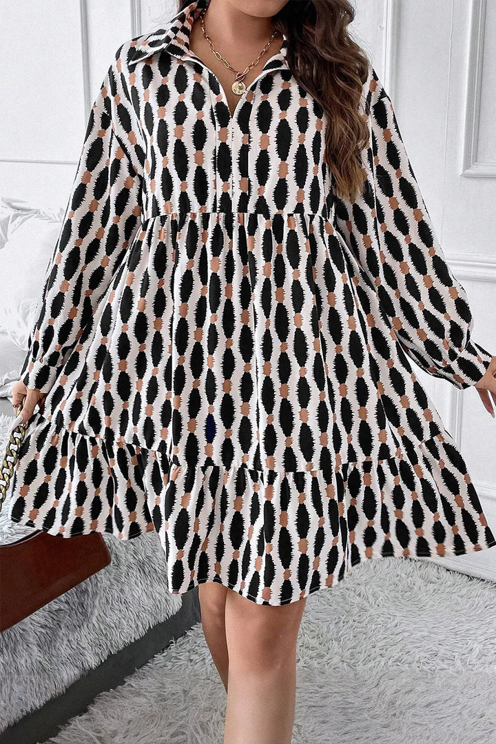 Plus Size Printed Johnny Collar Long Sleeve Dress | Trendsi