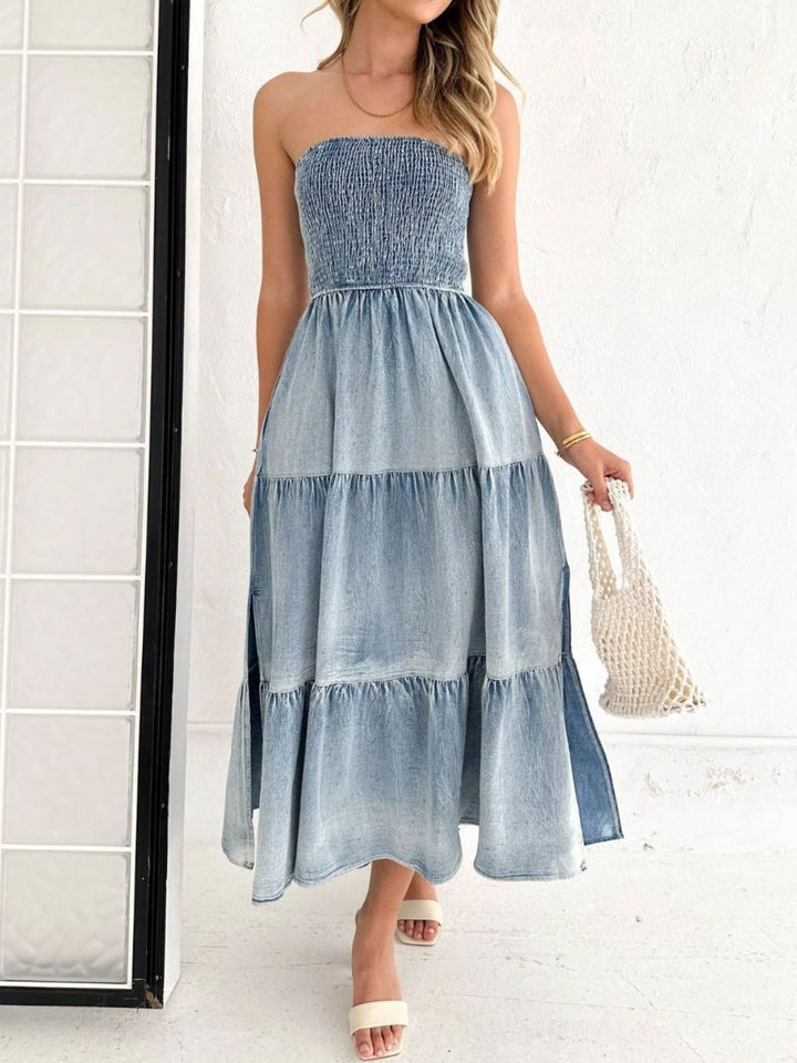 Slit Smocked Tube Tiered Denim Dress | Trendsi