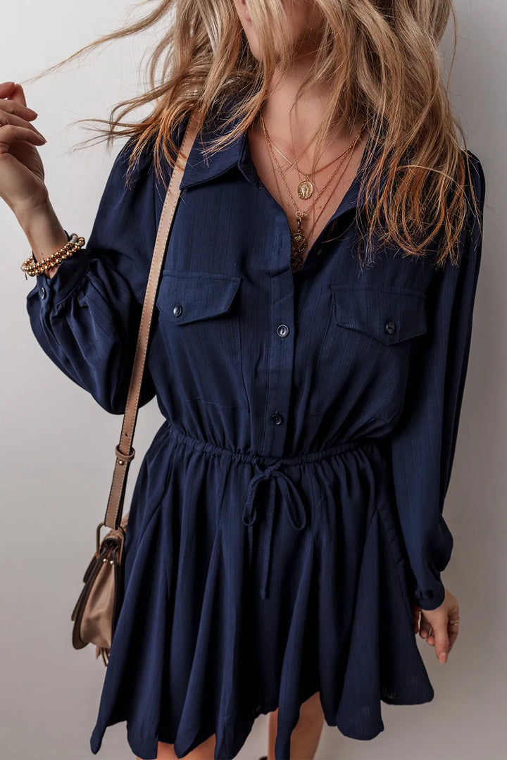 Drawstring Half Button Long Sleeve Dress | Trendsi