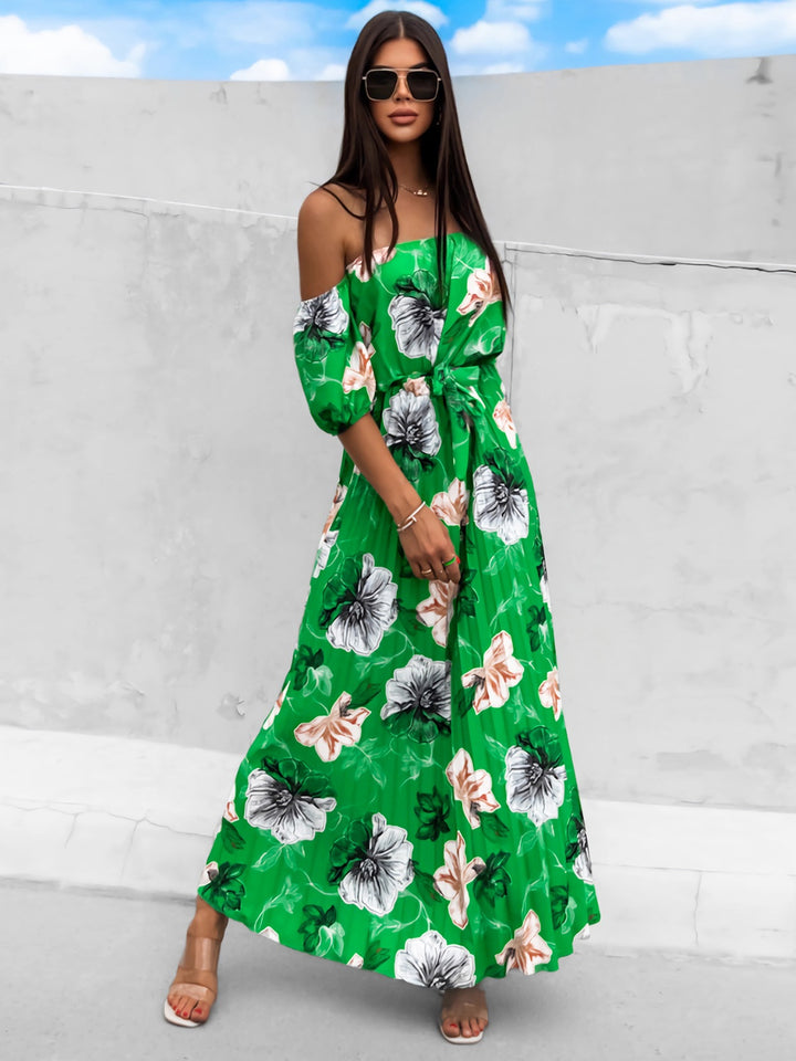 Pleated Floral Off-Shoulder Short Sleeve Midi Dress | Trendsi