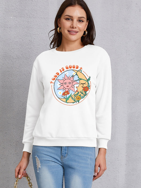 Graphic Round Neck Dropped Shoulder Sweatshirt | Trendsi