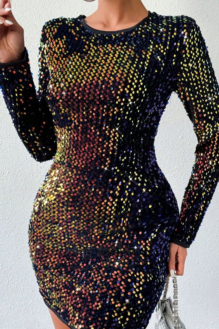 Sequin Round Neck Long Sleeve Mini Dress | Trendsi