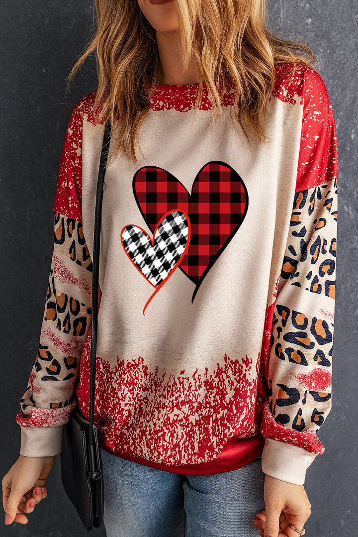 Heart Leopard Round Neck Sweatshirt | Trendsi