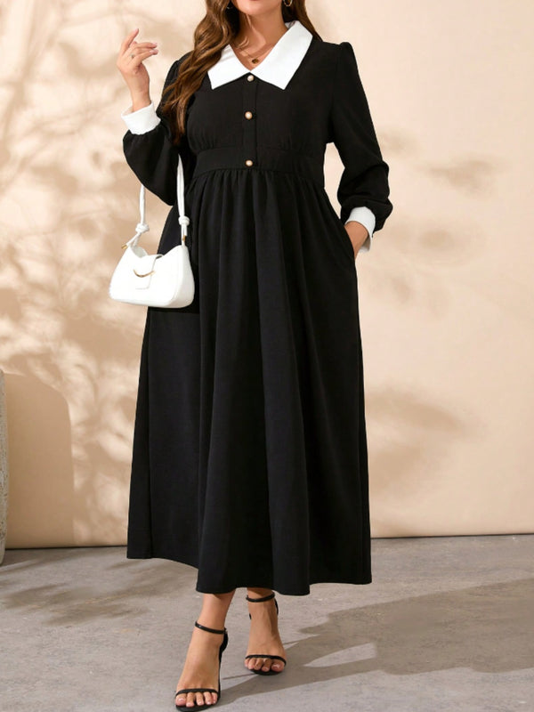 Plus Size Contrast Collared Neck Long Sleeve Midi Dress | Trendsi