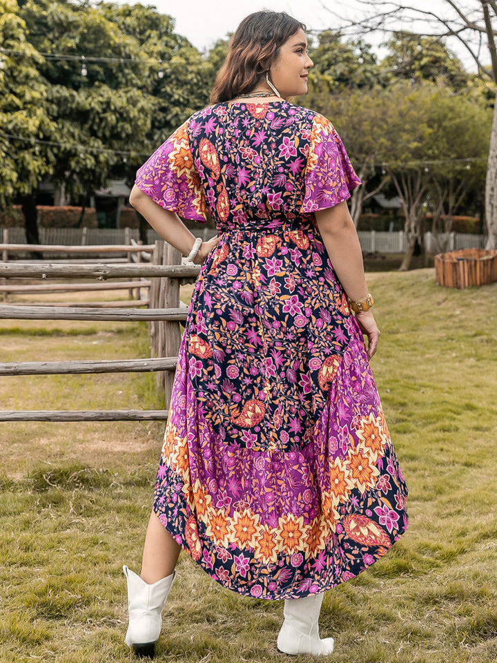 Plus Size Printed V-Neck Flutter Sleeve Midi Dress | Trendsi