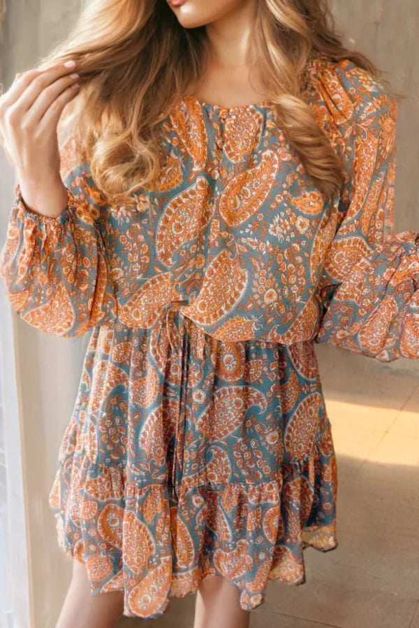 Ruffle Hem Printed Long Sleeve Dress | Trendsi