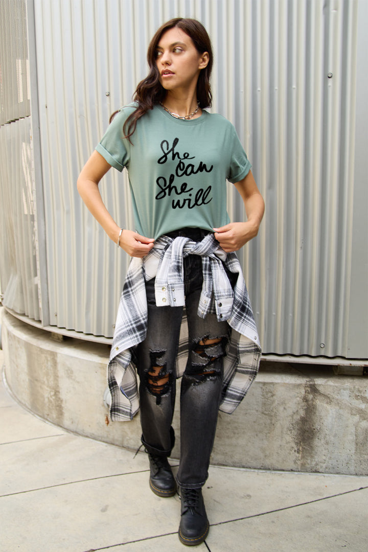 Simply Love Full Size SHE CAN SHE WILL Short Sleeve T-Shirt | Trendsi