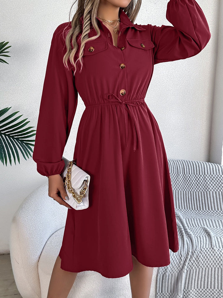 Collared Neck Long Sleeve Dress with Pockets | Trendsi