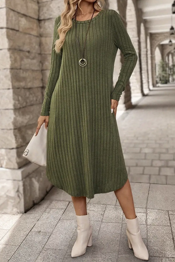 Ribbed Curved Hem Round Neck Long Sleeve Dress | Trendsi