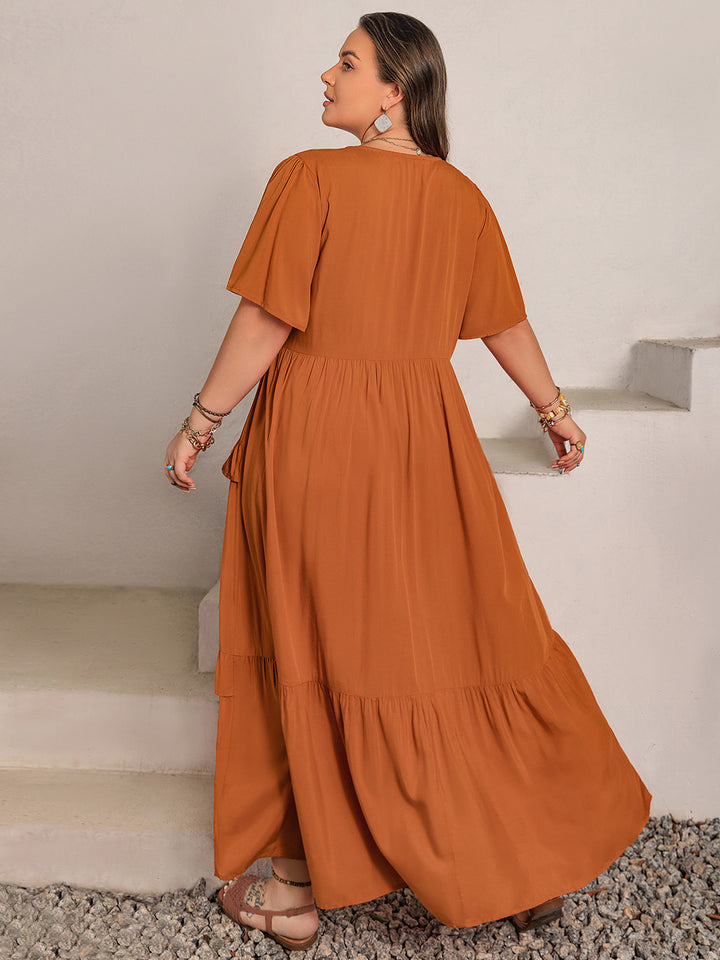 Plus Size V-Neck Flutter Sleeve Maxi Dress | Trendsi